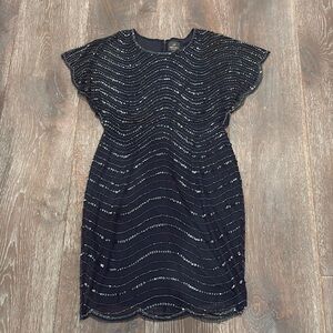 Adrianna Papell Women's Wavy Beaded Dress with Sheer Flutter Sleeves